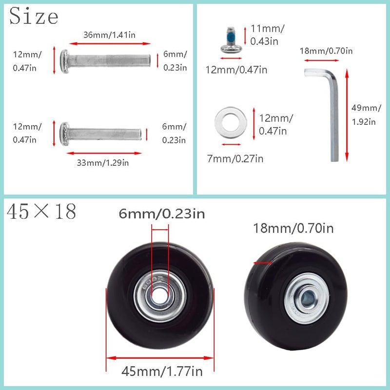 Ruidee 4 Pcs Luggage Suitcase Replacement Wheels 45x18mm Wear-Resistant Luggage Wheels Rubber Rotating Wheel Low Noise for Trolley Travel Case Carry-on Roller Bag (SXL/45x18mm) - Image 2